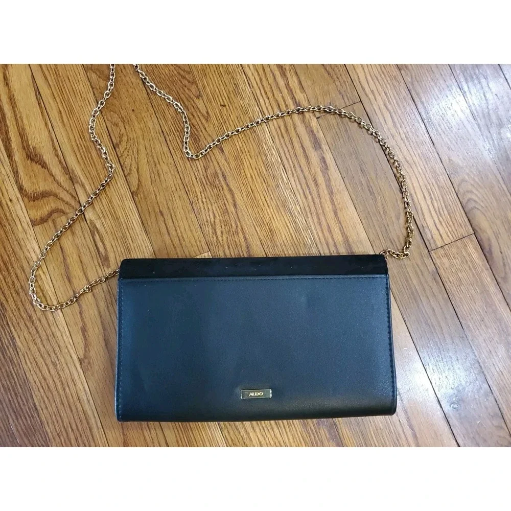 Aldo Black Envelope Clutch Crossbody Metal Chain Strap Evening Handbag Purse